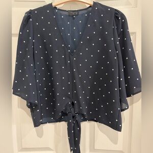 1. State Navy and White Polka Dot Tie-Front V-Neck Blouse